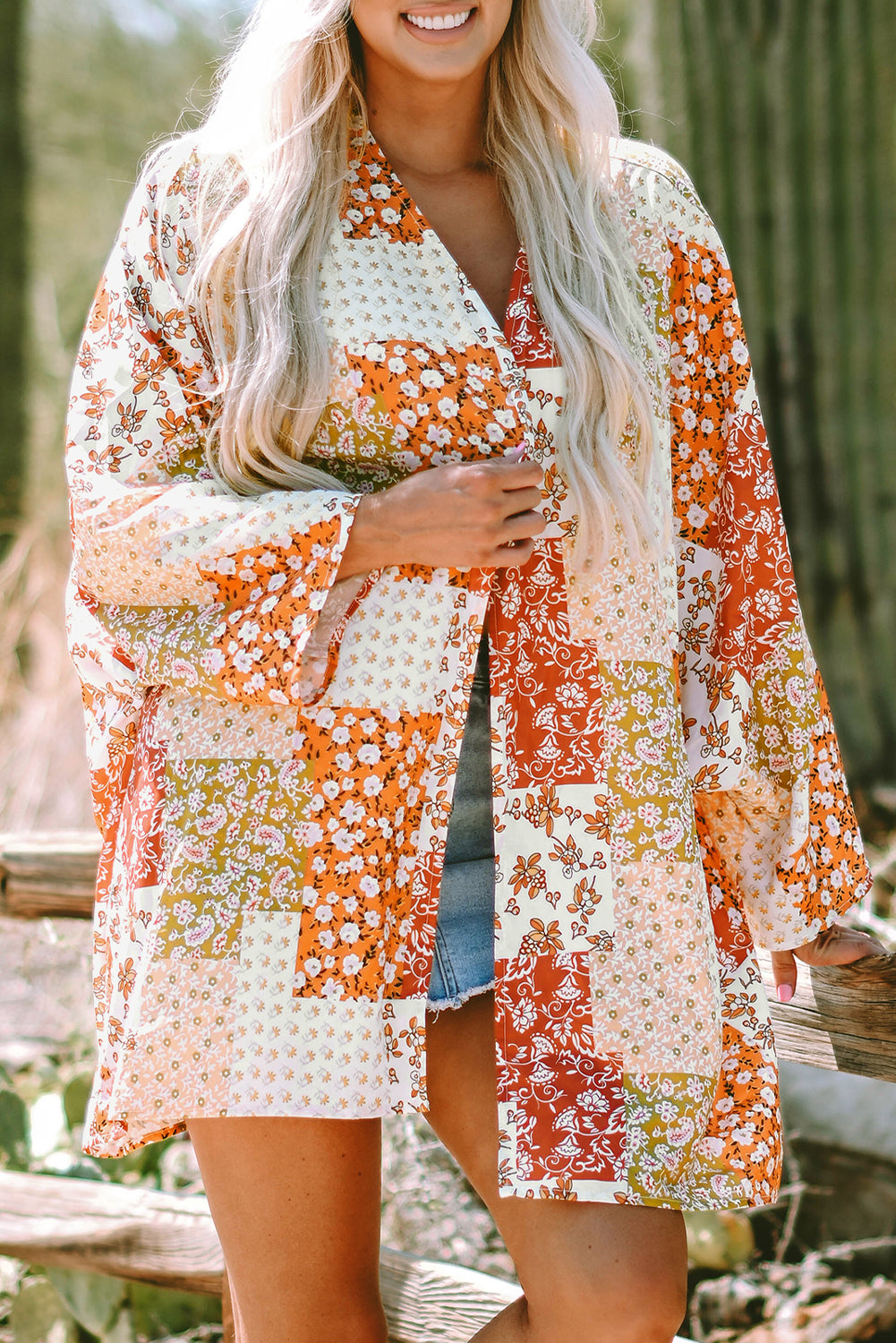 Boho Patchwork Floral Open Front Kimono | White