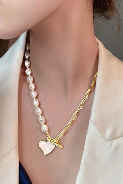 Heart Shape Pendant Rhinestone Decor Pearl Chain Necklace | Gold