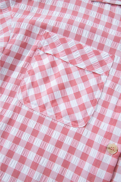 Gingham Print Chest Pockets Buttoned Collared Shirt | Pink