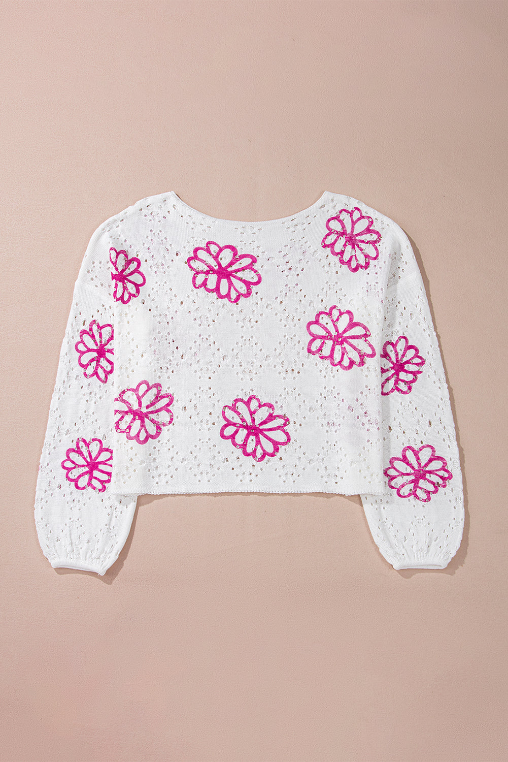 Contrast Flower Print Eyelet Drop Shoulder Sweater | White