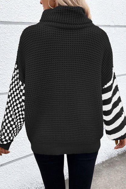 Striped Plaid Patchwork Waffle Knit Turtleneck Sweater | Black