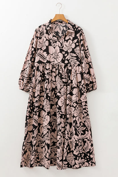 Plus Size Floral Printed Puff Sleeve Collared Maxi Dress | Black