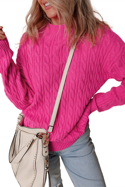 Solid Cable Knit High Neck Drop Shoulder Sweater | Rose Red