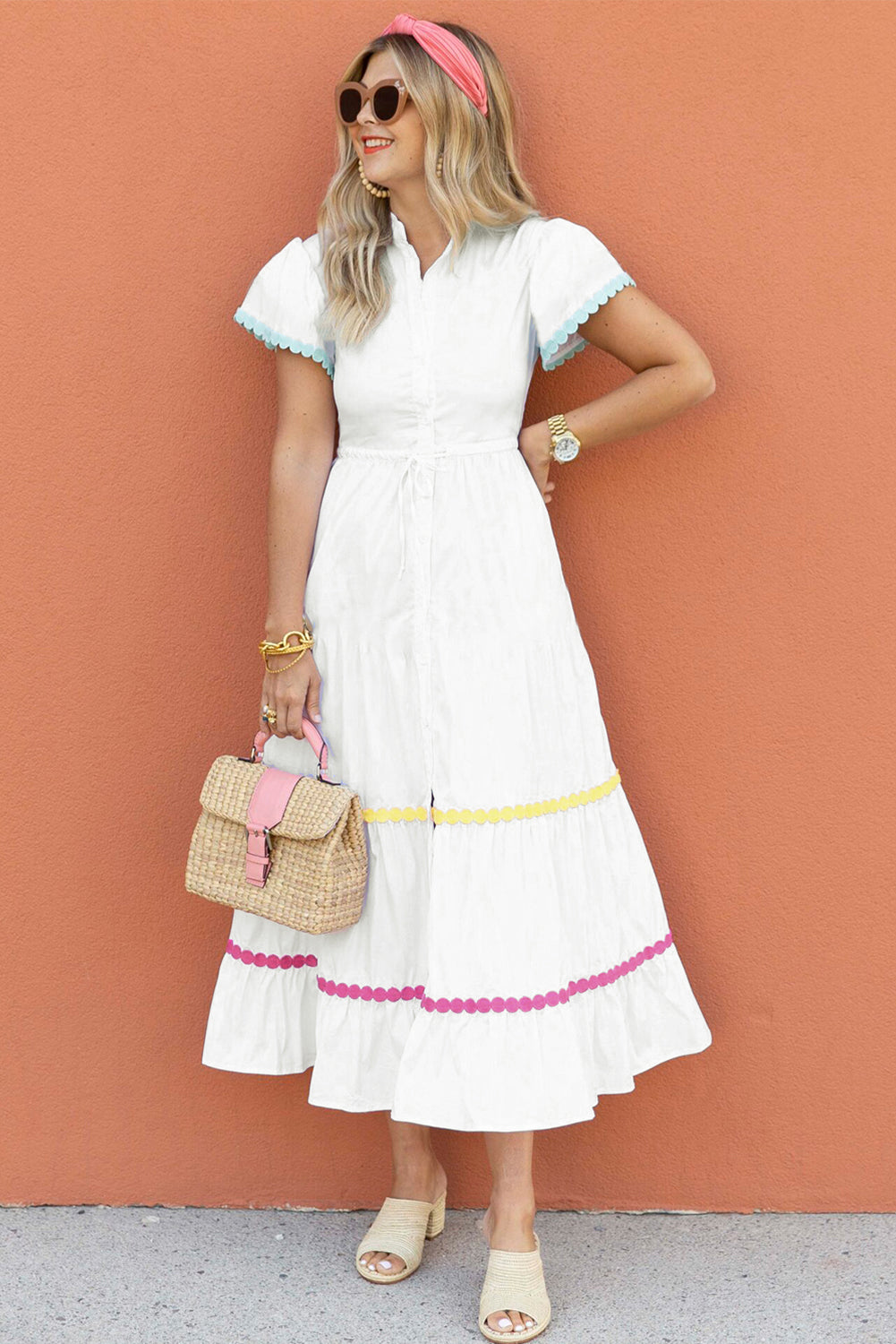 Colourblock Rickrack Trim Short Sleeve Drawstring Waist Long Dress | White