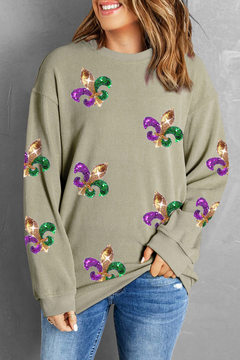 Glitter Mardi Gras Symbol Corded Baggy Sweatshirt | Green