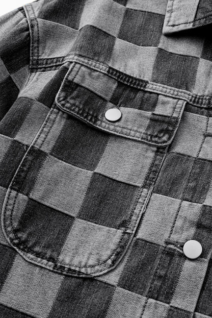 Checkered Patchwork Button Up Denim Jacket | Black