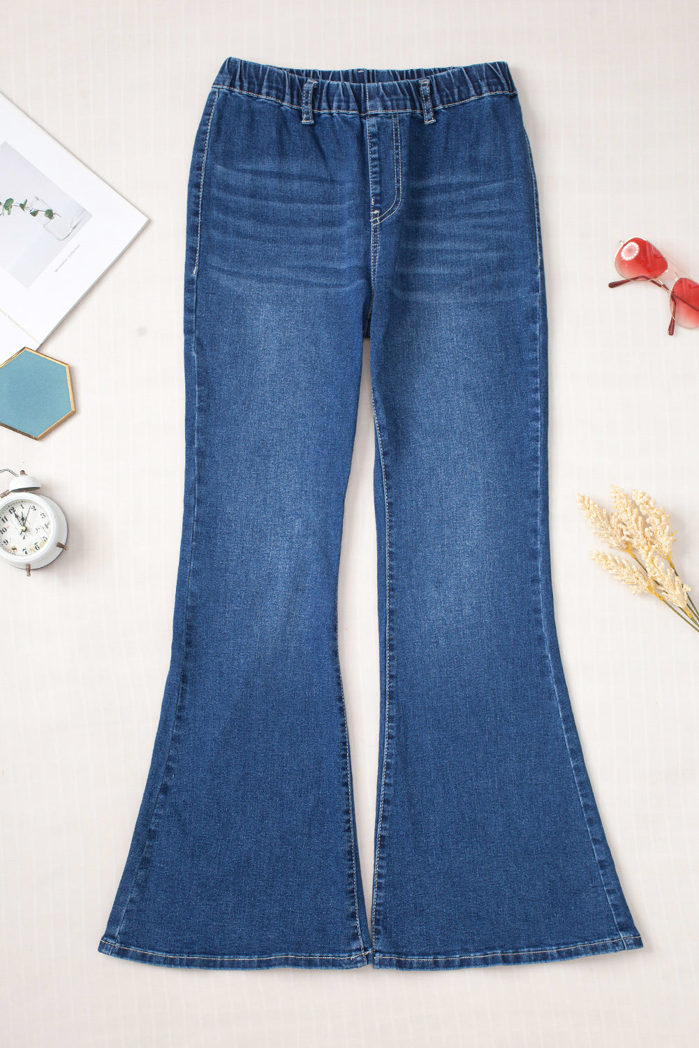 Elastic High Waist Flare Jeans | Blue