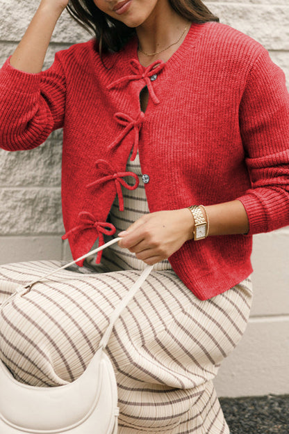 Fiery Red Ribbed Knit Bow Front Buttoned Cardigan