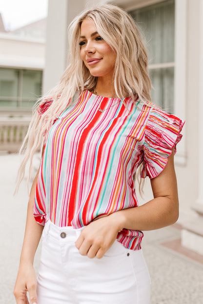 Abstract Print Stitching Ruffle Sleeve Blouse | Stripe