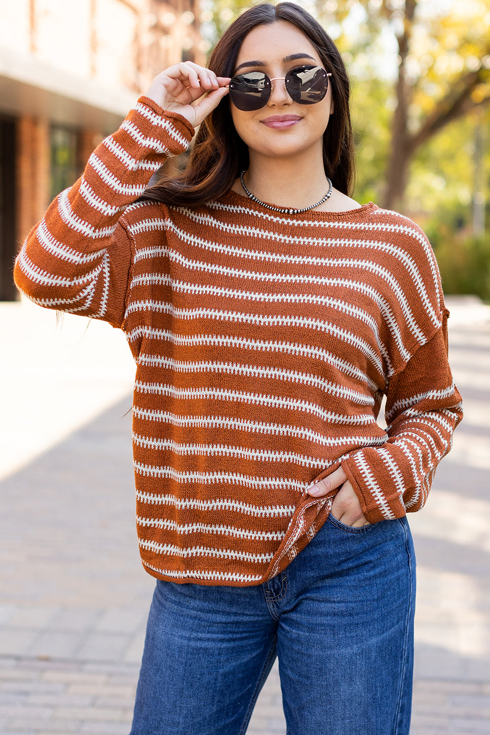 Brown Stripe Drop Shoulder Casual Sweater