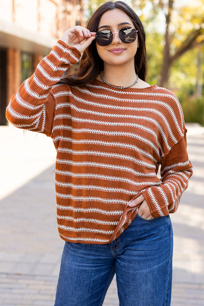 Brown Stripe Drop Shoulder Casual Sweater