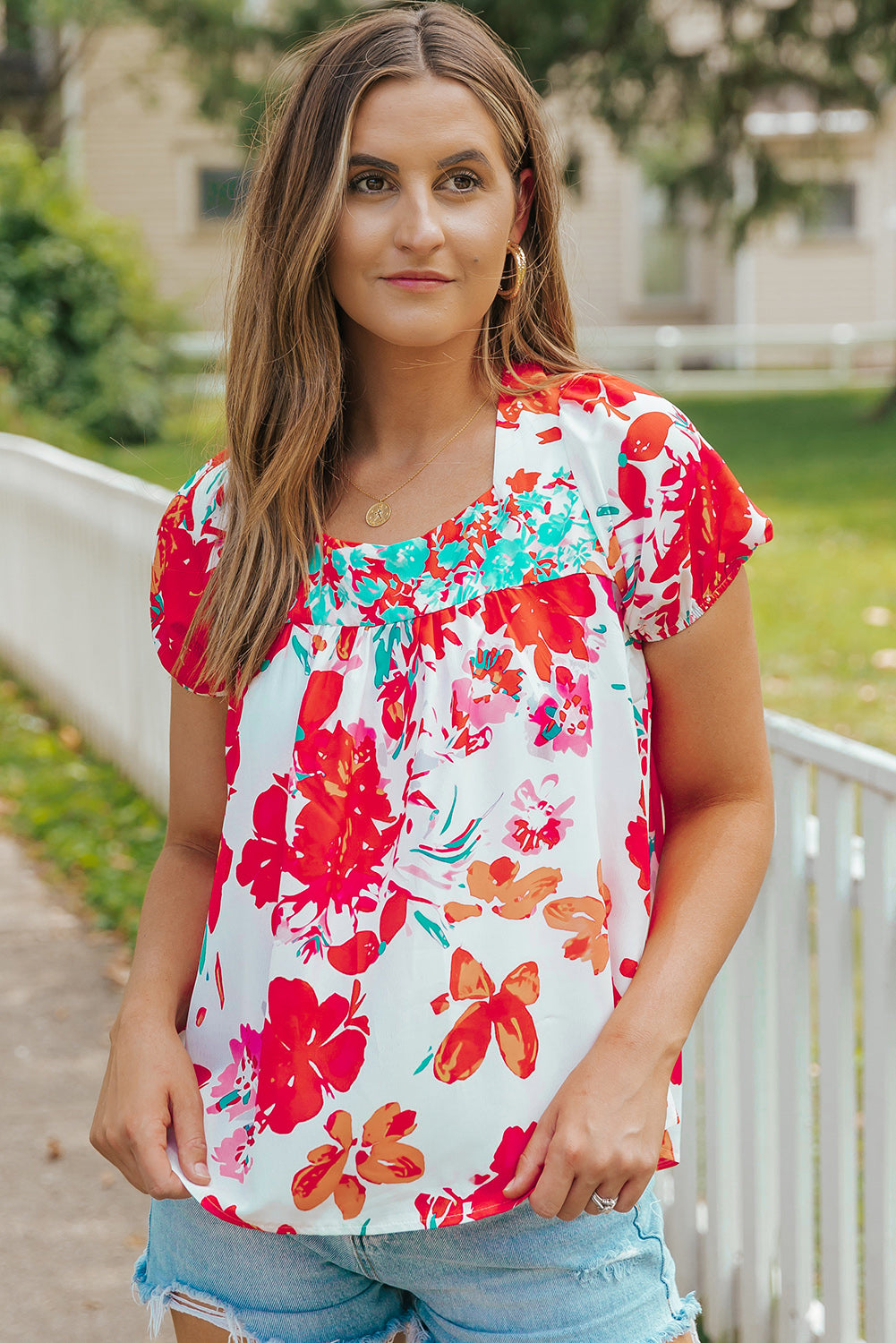 Fiery Red Floral Printed Square Neck Blouse