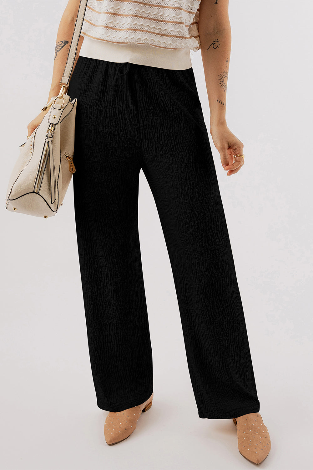 Textured Loose Drawstring Pants | Black