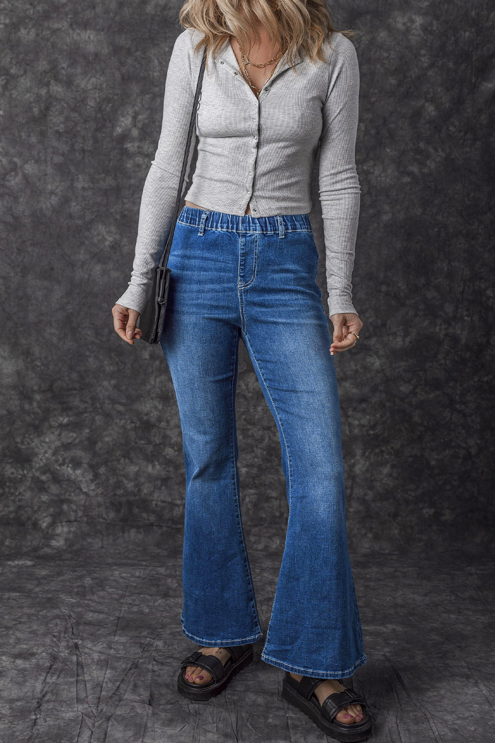 Elastic High Waist Flare Jeans | Blue