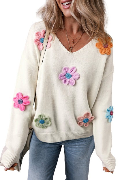 Crochet Flower V Neck Sweater | White