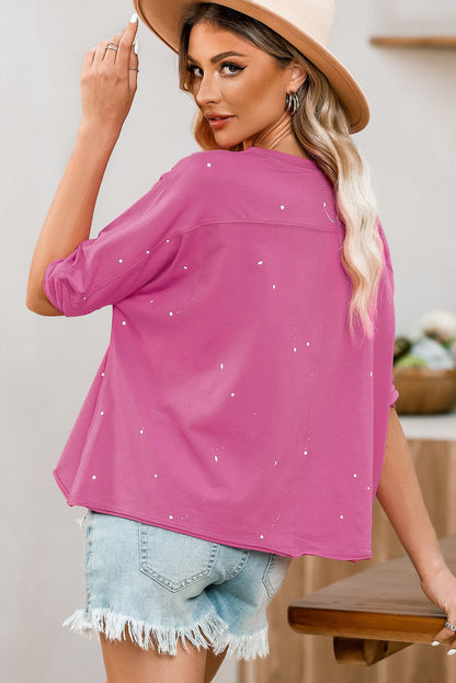 Distressed Bleached Asymmetric Hem Short Sleeve Top | Pink