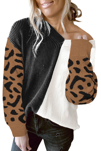 Print Contrast Colour V Neck Sweater | Leopard