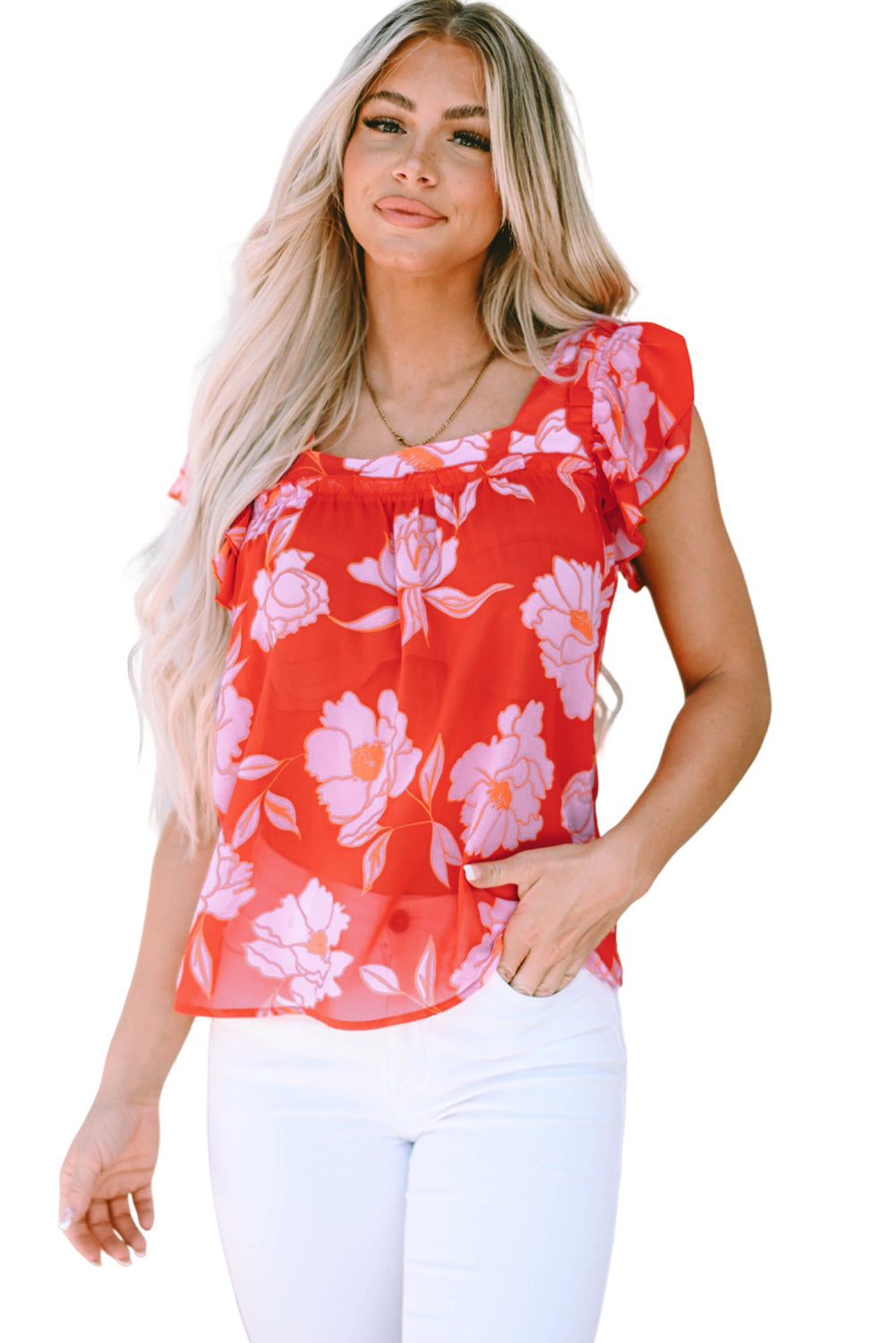 Fiery  Floral Square Neck Ruffle Sleeve Blouse | Red