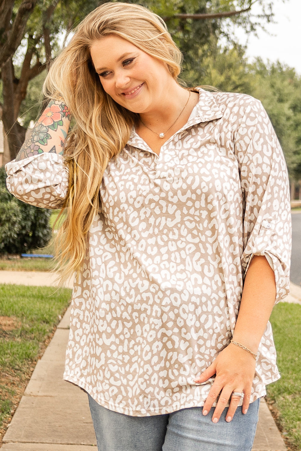 Leopard Tab Sleeve V Neck Plus Size Top | Apricot