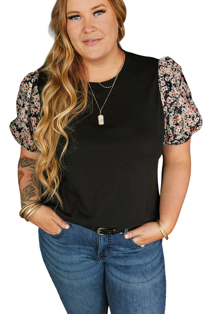 Daisy Printed Short Bubble Sleeve Plus Size Tunic Top | Black