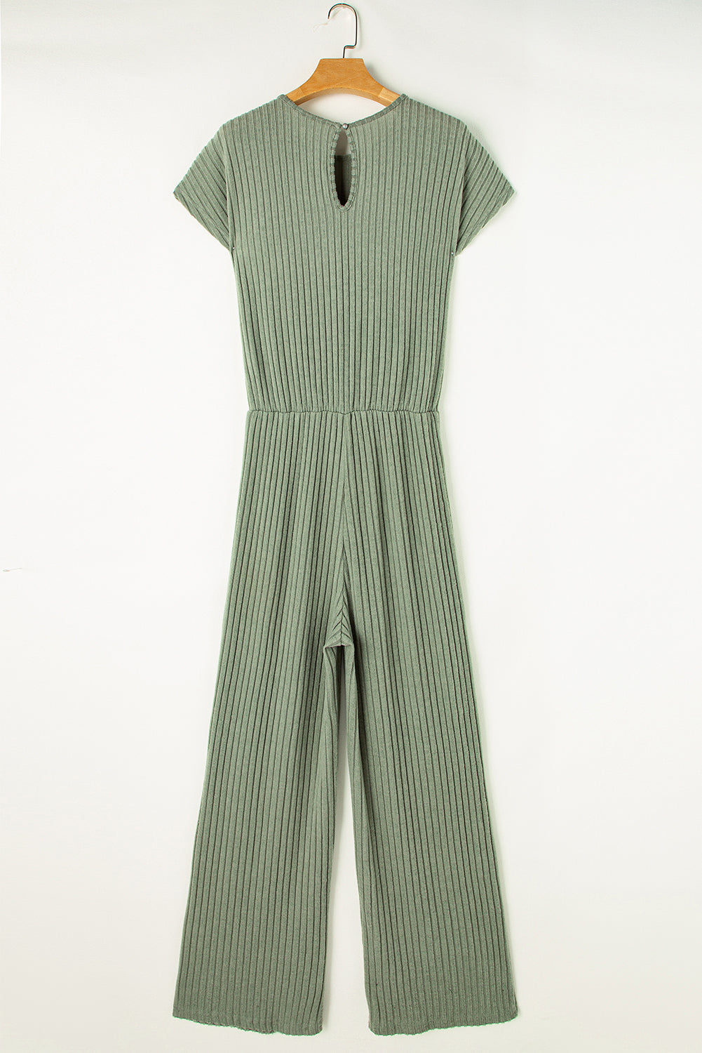 Solid Colour Ribbed Short Sleeve Wide Leg Jumpsuit | Grass Green