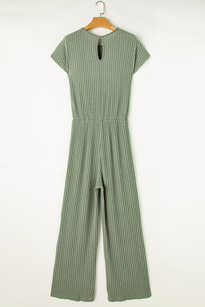 Solid Colour Ribbed Short Sleeve Wide Leg Jumpsuit | Grass Green