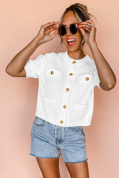 Gold Buttons Textured Sweater T Shirt | White