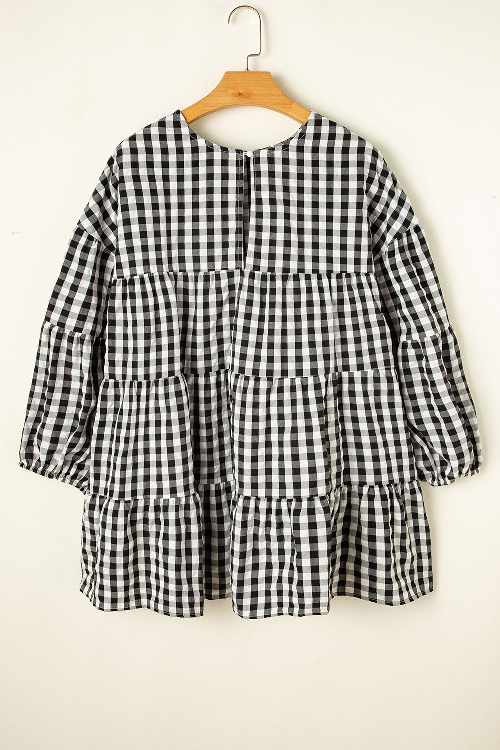 Checkered Puff Sleeve Tiered Loose Babydoll Blouse | Black