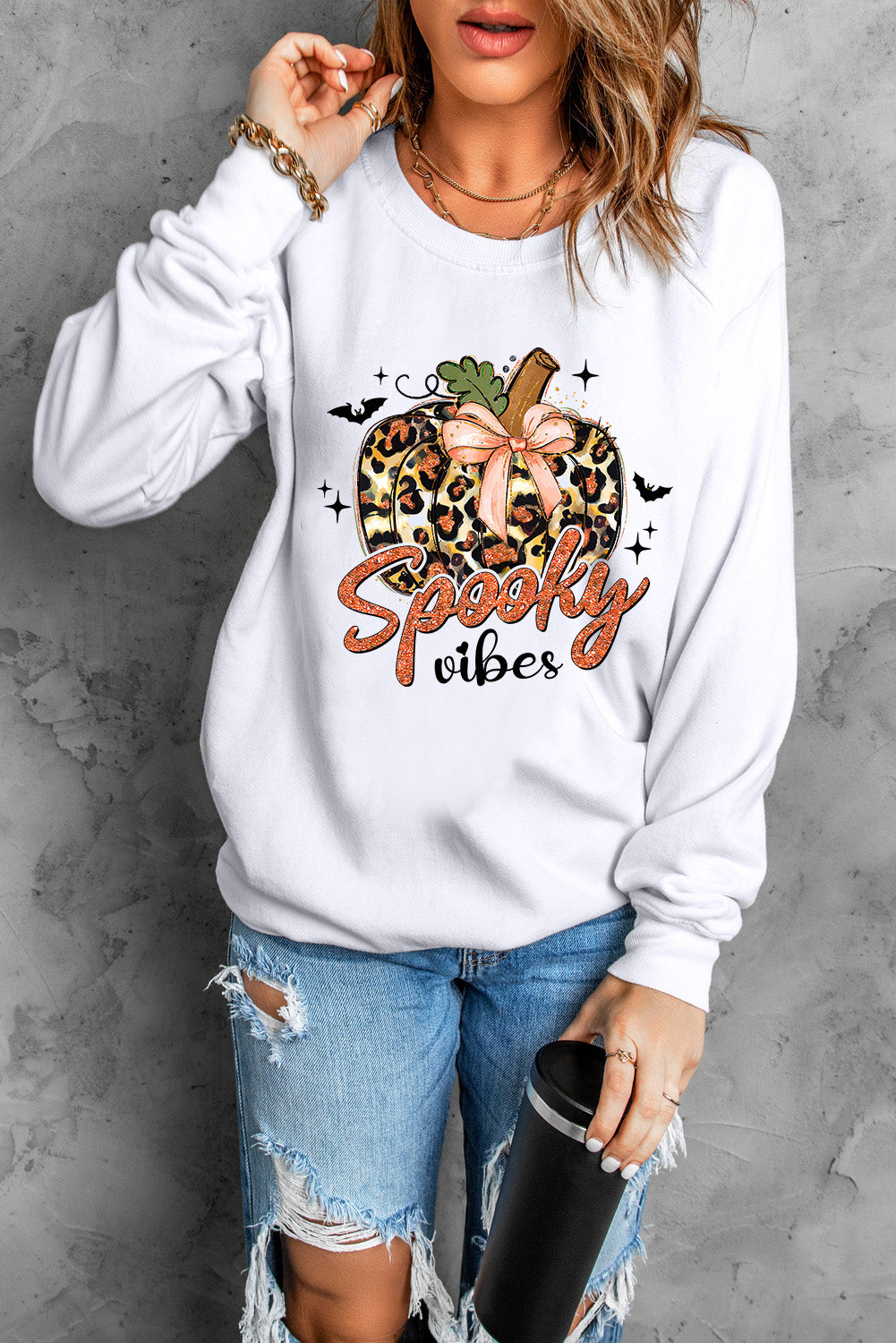 Spooky Leopard Pumpkin Print Crew Neck Sweatshirt | Beige