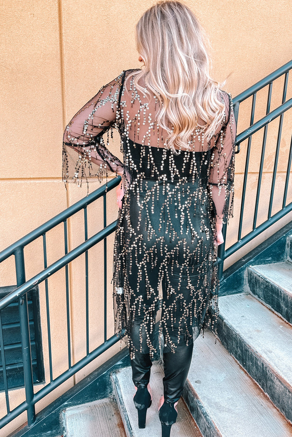 Sequin Sheer Long Sleeve Open Front Kimono | Black