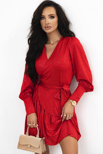 Tinsel Buttoned Bishop Sleeve Surplice Neck Ruffled Mini Dress | Racing Red