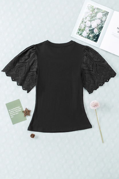 Scalloped Eyelet Sleeve Ribbed Knit Top | Black