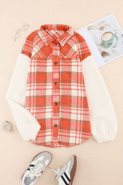 Fiery  Sherpa Sleeve Plaid Print Shacket | Red