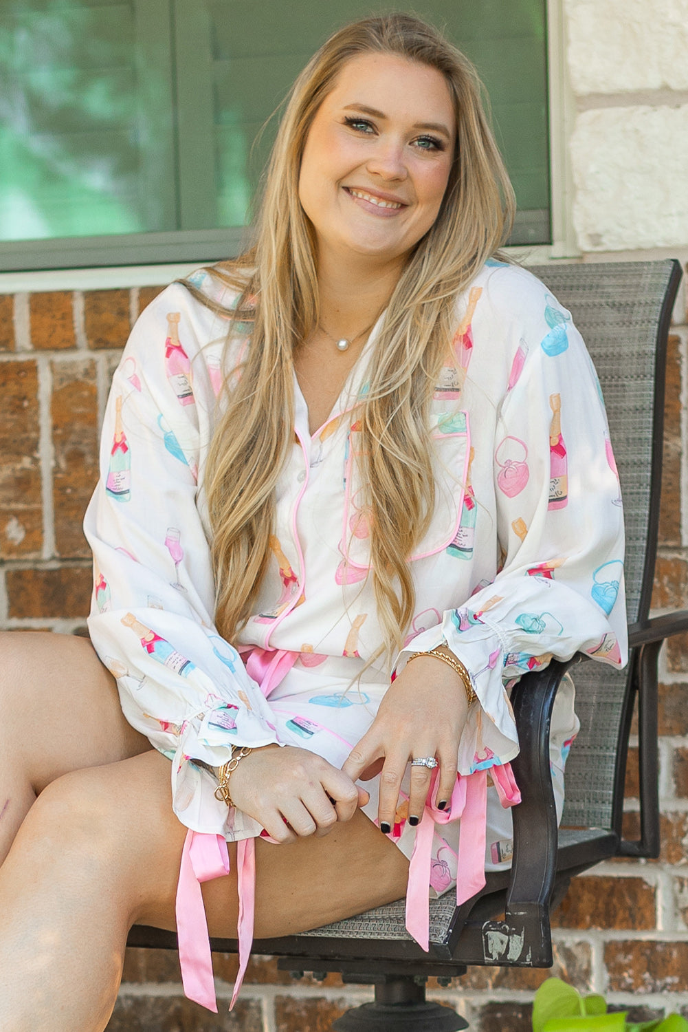 Plus Size Wine Glass Print Bow Knot Pajama Set | White