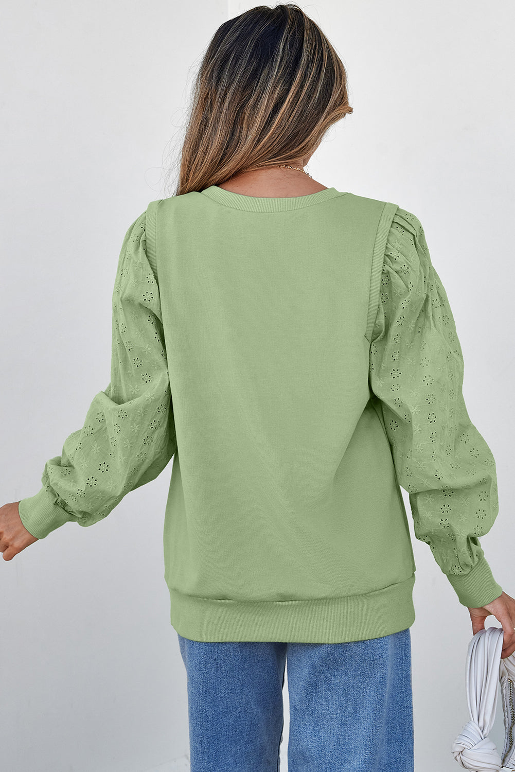 Solid Patchwork Sleeve Round Neck Sweatshirt | Mist Green