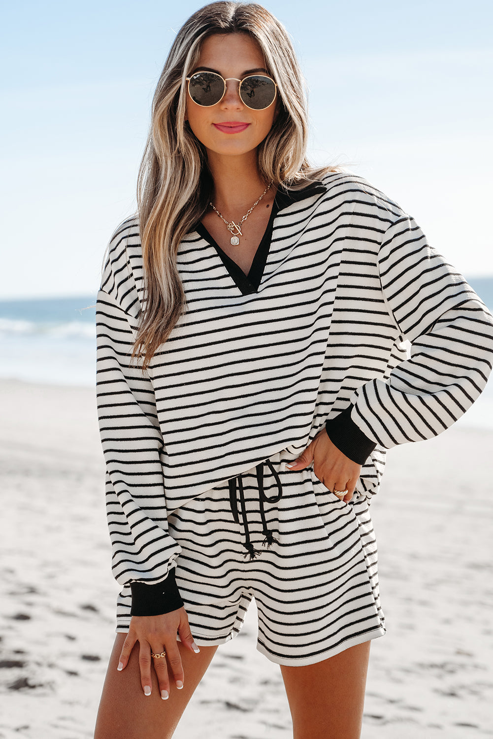 Black Stripe Collared Long Sleeve Top and Drawstring Shorts Set