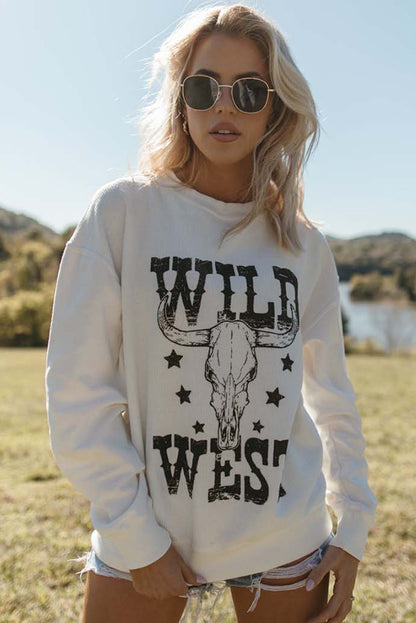 Wild West Steer Skull Graphic Ribbed Sweatshirt | White