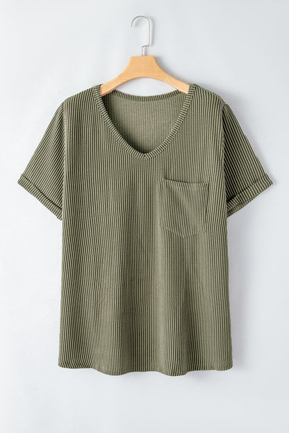 Plus Size Corded V Neck Patch Pocket Tee | Meadow Mist Green