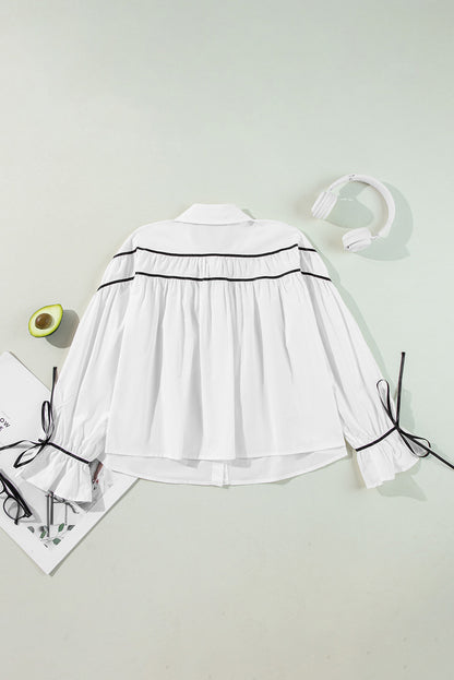 Black Pipping Ribbon Bowtie Collared Ruffled Puff Sleeve Shirt | White