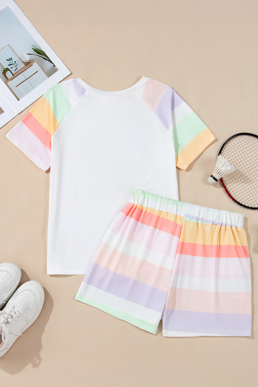 Rainbow Striped T Shirt And Shorts Set | White