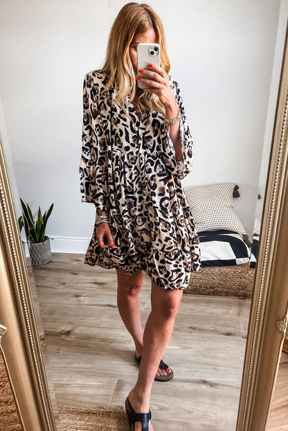 Leopard Print Buttoned Front 3/4 Sleeve Tiered Ruffled Hem Dress | Black