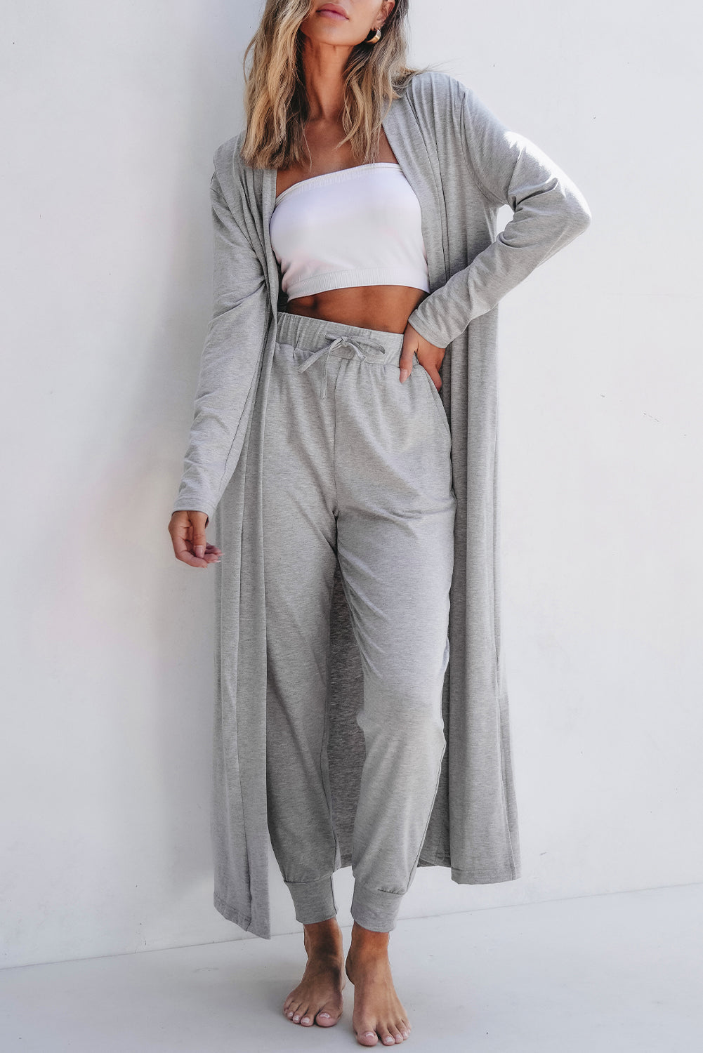 Split Long Cardigan And Skinny Pants Lounge Set | Light Grey