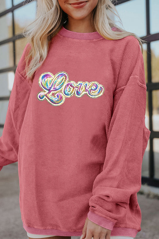 Strawberry Pink Sequin Love Graphic Drop Shoulder Corded Valentines Sweatshirt