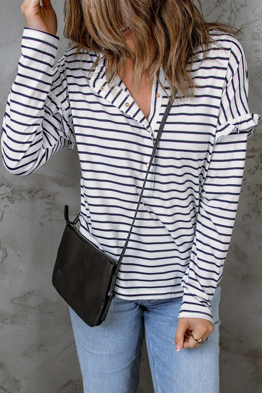 Striped Print Ruffled Buttoned Long Sleeve Top | White