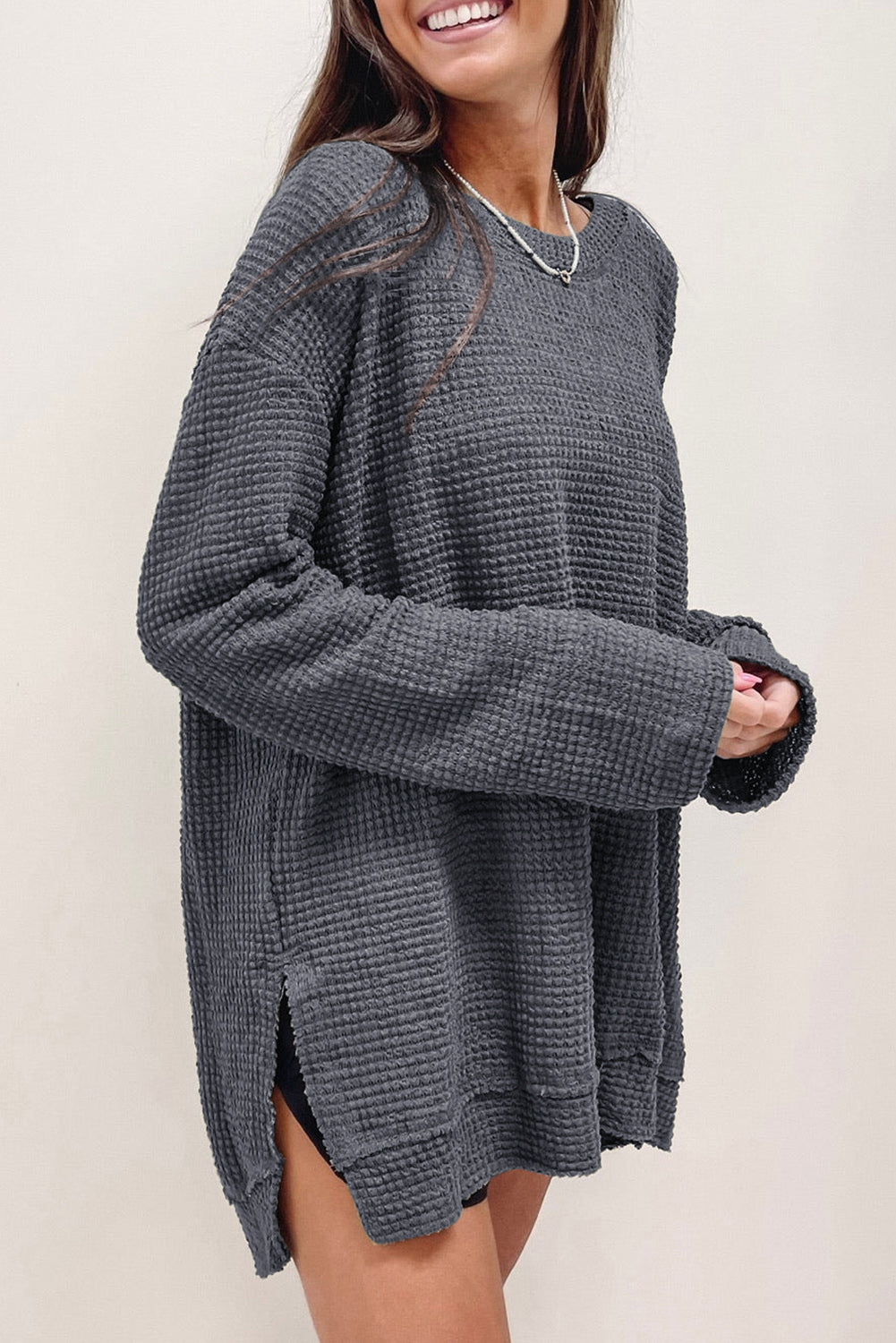 Waffle Knit High Slits Oversized Top | Gray