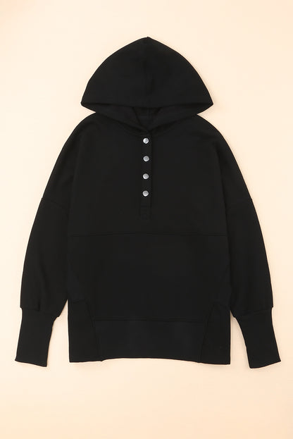 Batwing Sleeve Pocketed Henley Hoodie | Black