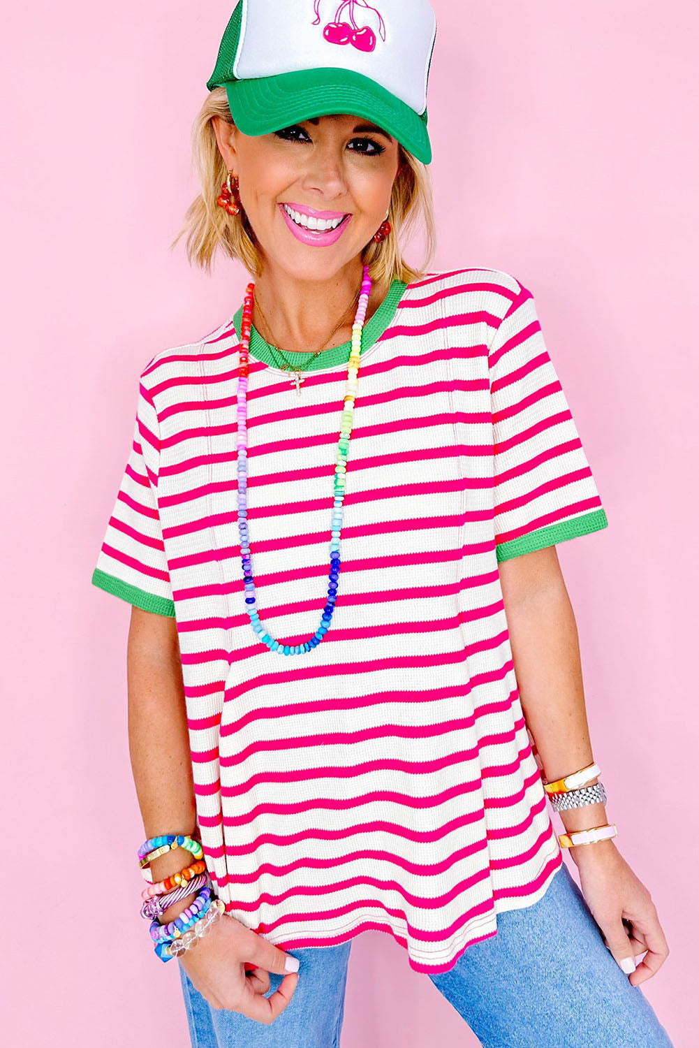 Contrast Trim Crew Neck Loose Short Sleeve Top | Rose Stripe