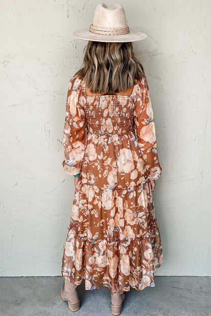 Floral Print Shirred Square Neck High Waist Maxi Dress | Brown