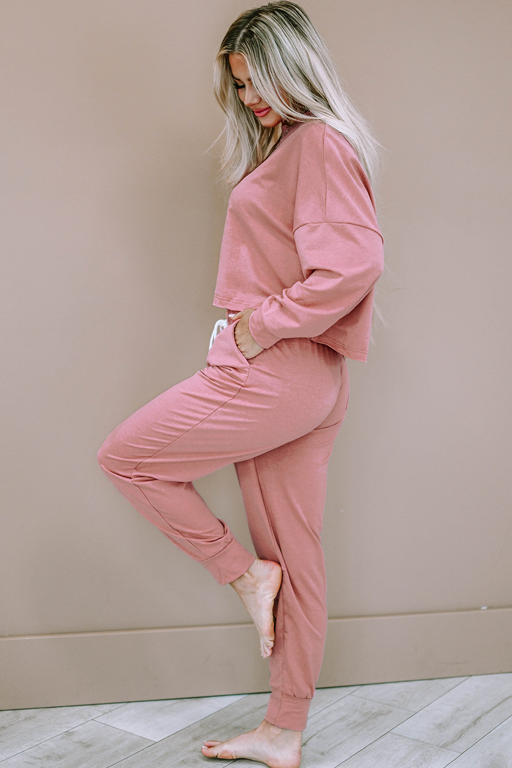 Solid Sport Boxy Fit Pullover & Pants Outfit | Pink