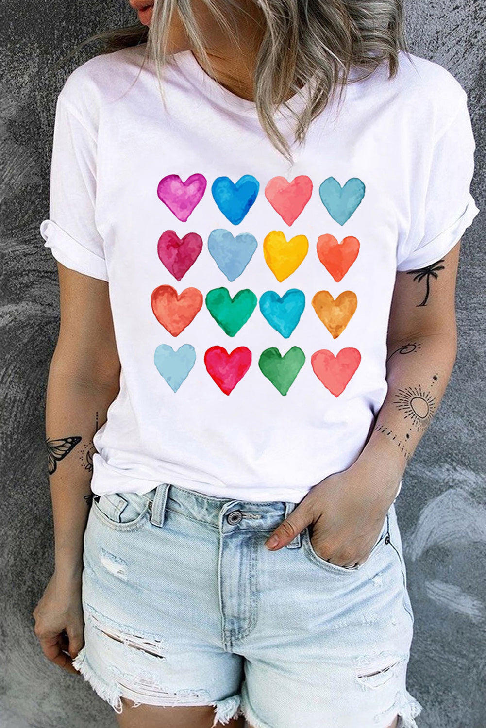 White Colorful Heart Shaped Print Crew Neck T Shirt